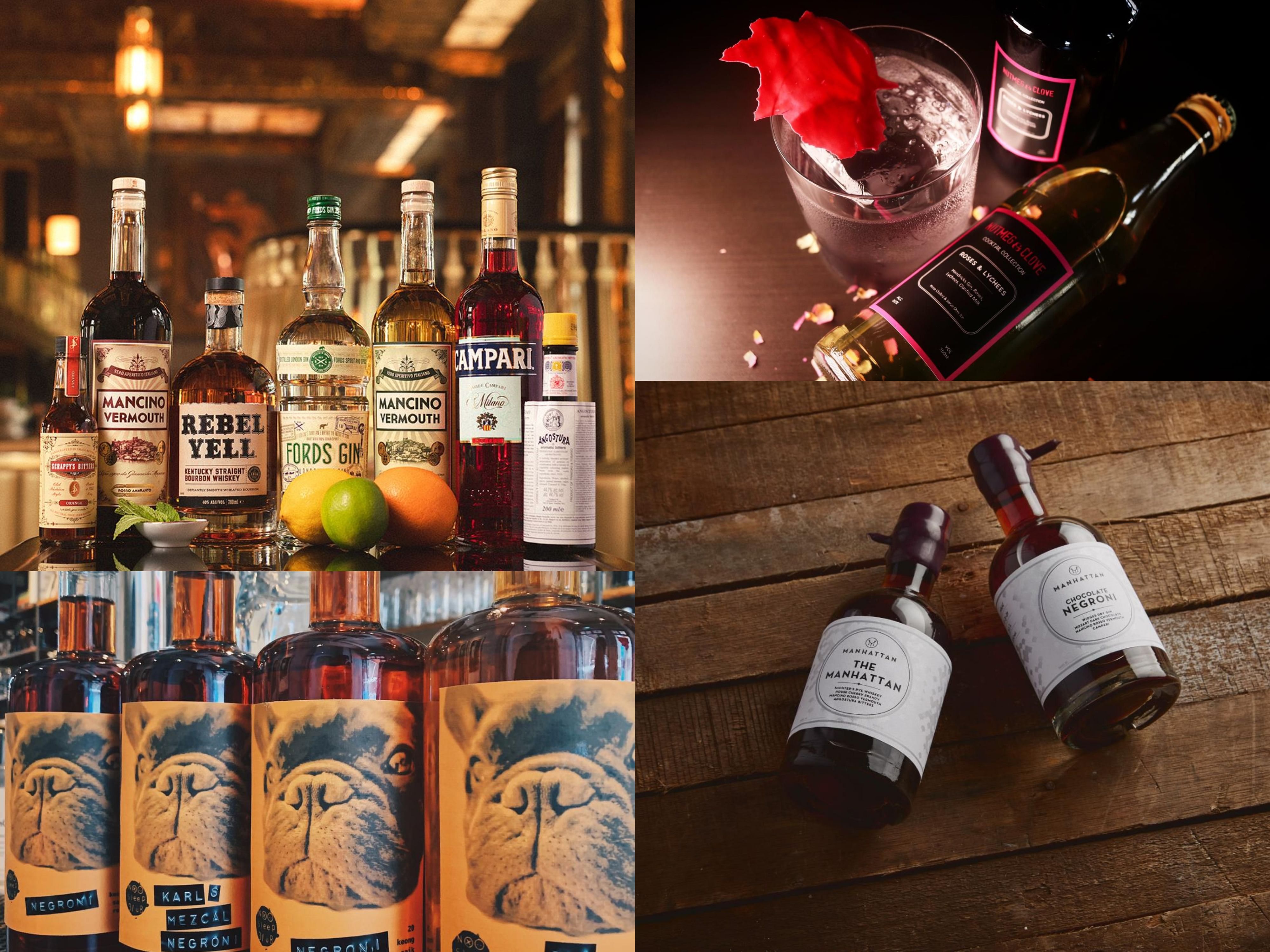 On the delivery menu: (Clockwise from top left) Atlas’ gin and whiskey hamper set; Nutmeg & Clove’s bottled Roses & Lychees cocktail; Manhattan’s bottled cocktails – The Manhattan and Chocolate Negroni; and No Sleep Club’s bottled cocktails. 
