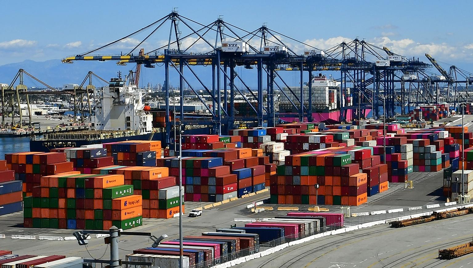 Containers at the Port of Los Angeles last month. The port saw a 31 per cent drop in volume last month, compared with a year ago, as retailers scaled back orders. PHOTO: AGENCE FRANCE-PRESSE
