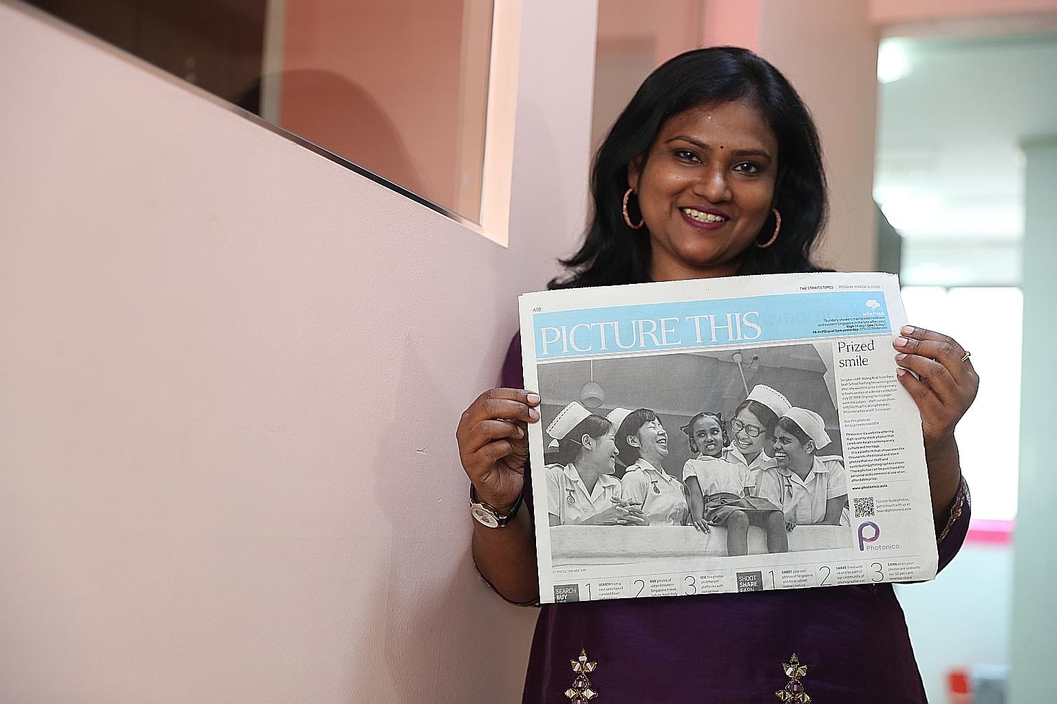 Ms Poonkodi with the March 9 issue of The Straits Times which carried a 1974 photo of her with four nurses in the Picture This section. It was taken following her win in a nationwide dental contest for schoolchildren which she had taken part in after