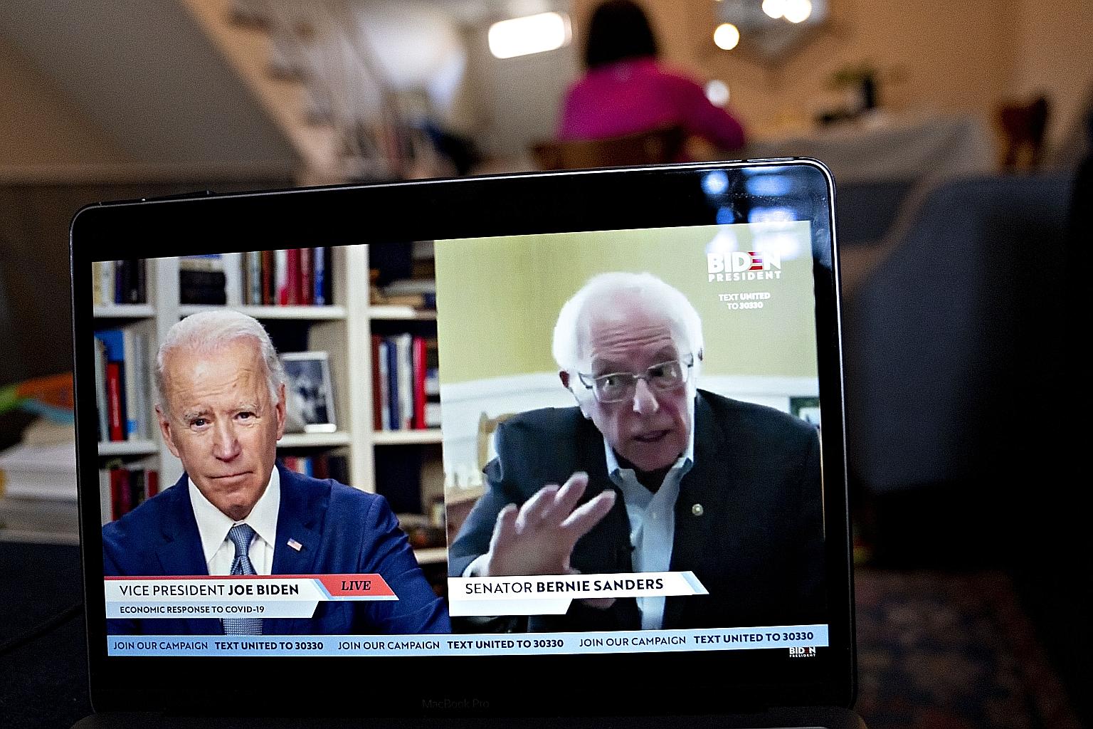 Mr Bernie Sanders endorsed Mr Joe Biden for president when they appeared together on split-screen during Mr Biden's livecast on Monday. The pandemic has forced suspension of all in-person political campaigning.
