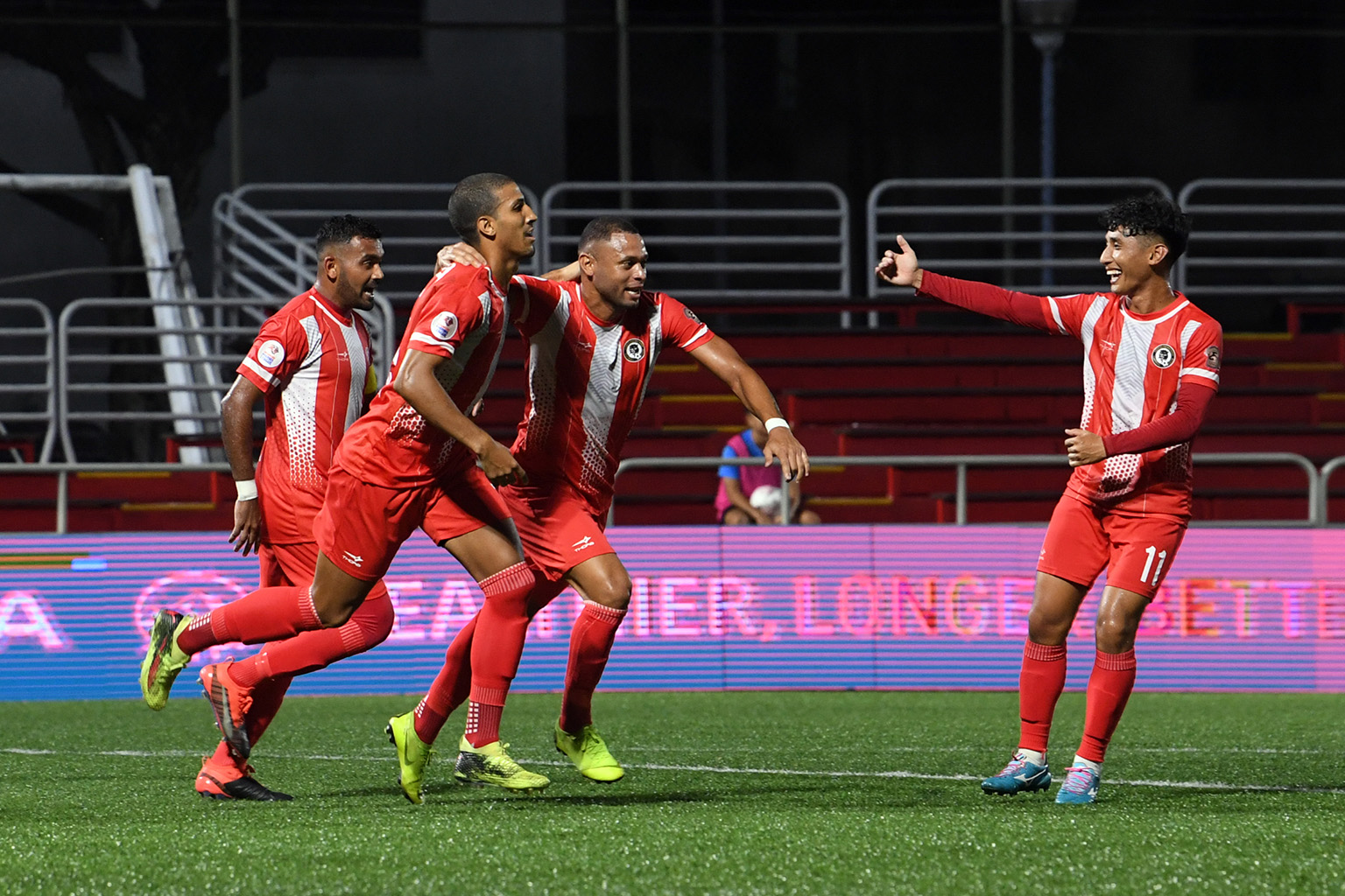Tanjong Pagar celebrating a goal in the draw against Lion City Sailors. Players will be relieved after FAS said "wage cuts at this juncture would be premature".