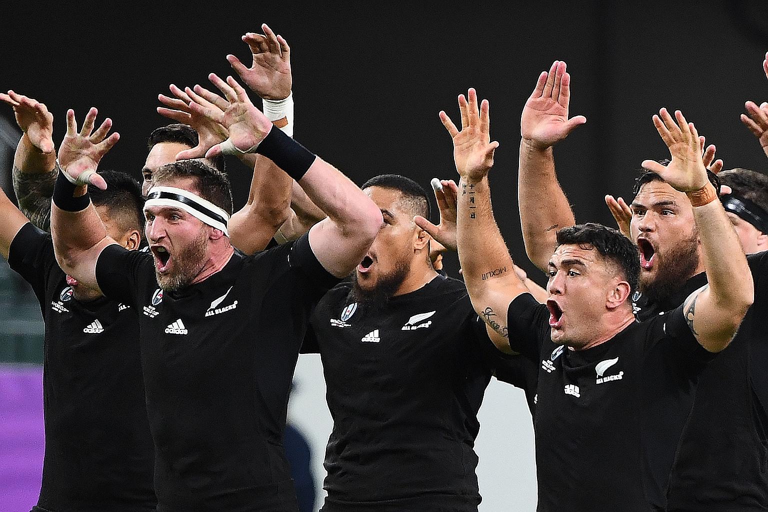 The All Blacks performing the Haka prior to kick-off against Canada at the Rugby World Cup in Japan last October. The New Zealand players have agreed on a 50 per cent pay freeze after sport was halted owing to Covid-19. PHOTO: AGENCE FRANCE-PRESSE