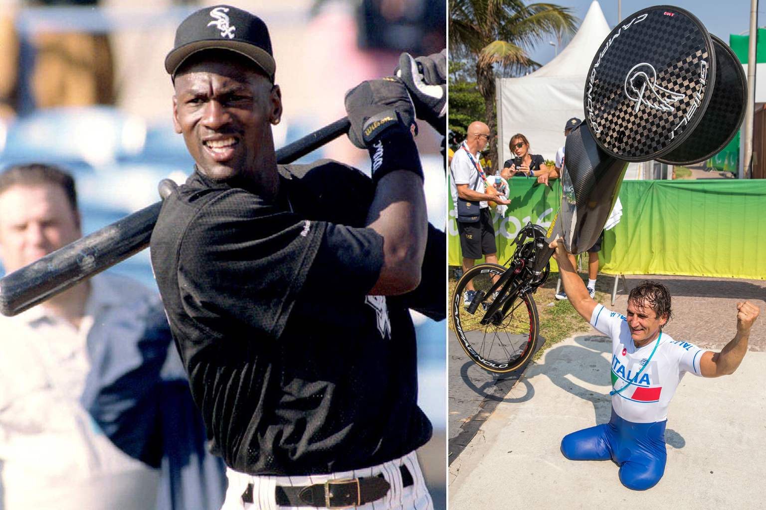 Left: NBA legend Michael Jordan switched to baseball after retiring from basketball in 1993, signing with the Chicago White Sox to pursue his father's dream for him. Top: Former race car driver Alessandro Zanardi, who lost both legs in a racing accid