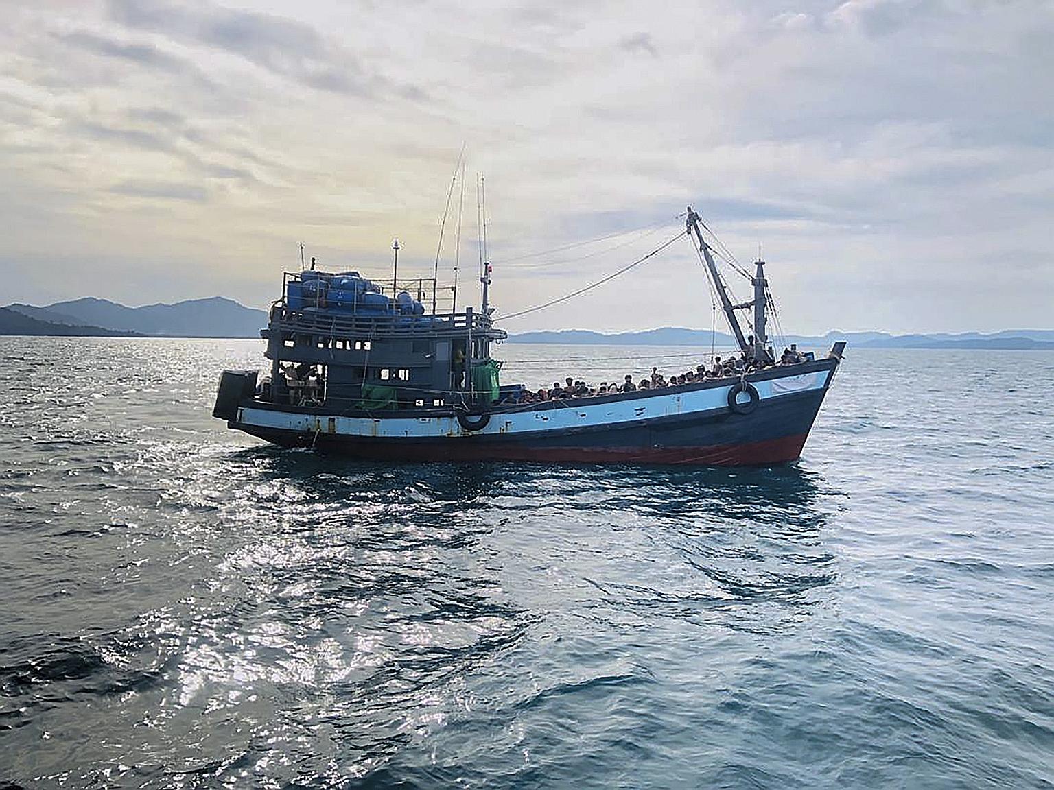 An April 5 photo from the Malaysian Maritime Enforcement Agency showing a boat carrying suspected Rohingya migrants detained in Malaysian territorial waters off the island of Langkawi. Malaysia is a favoured destination for the migrants from Myanmar,
