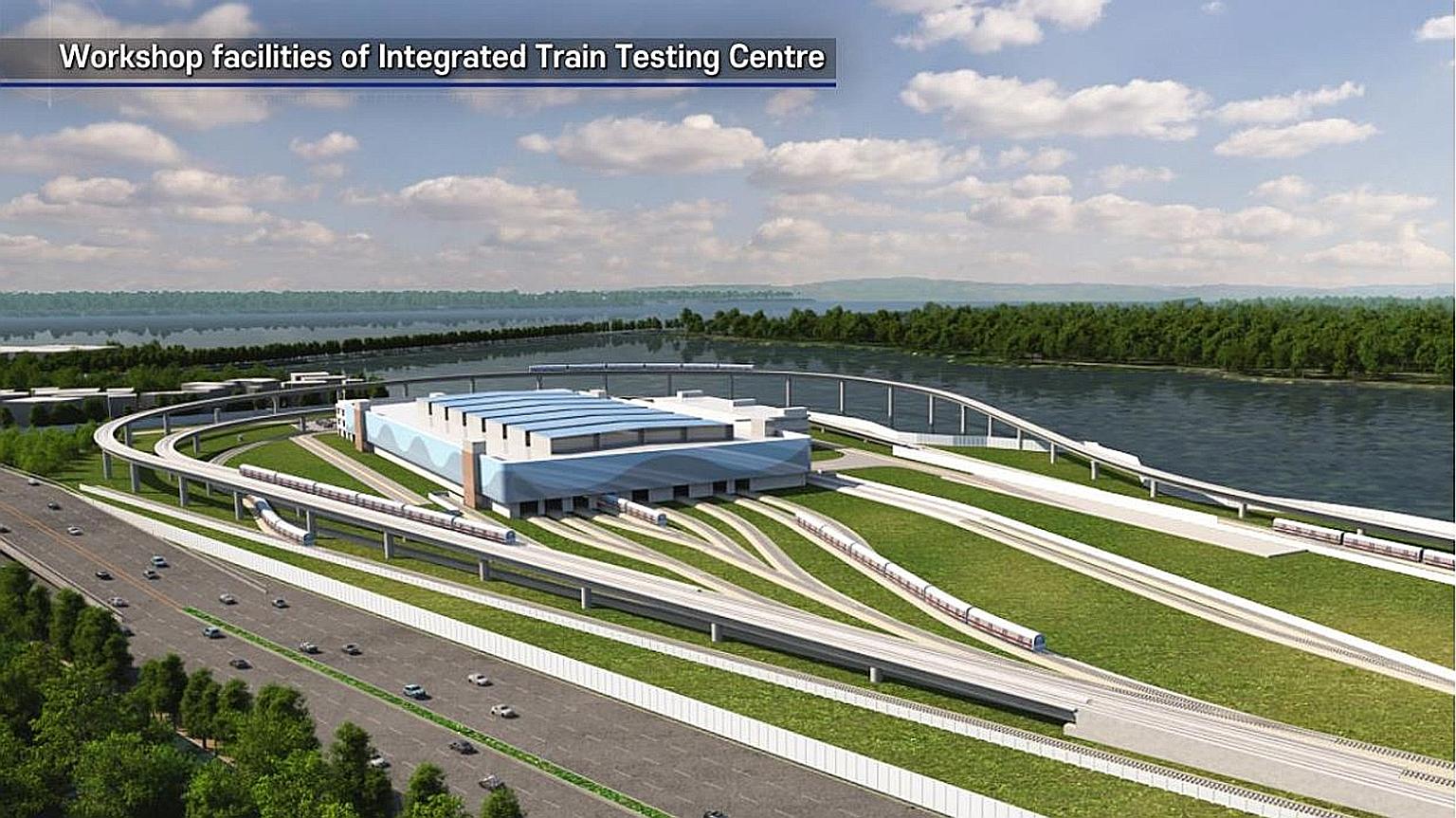 An artist's impression of the Integrated Train Testing Centre that will be built by GS Engineering and Construction. To be fully operational by 2024, the facility in Tuas will house an operations control centre, testing equipment and about 11km of tr