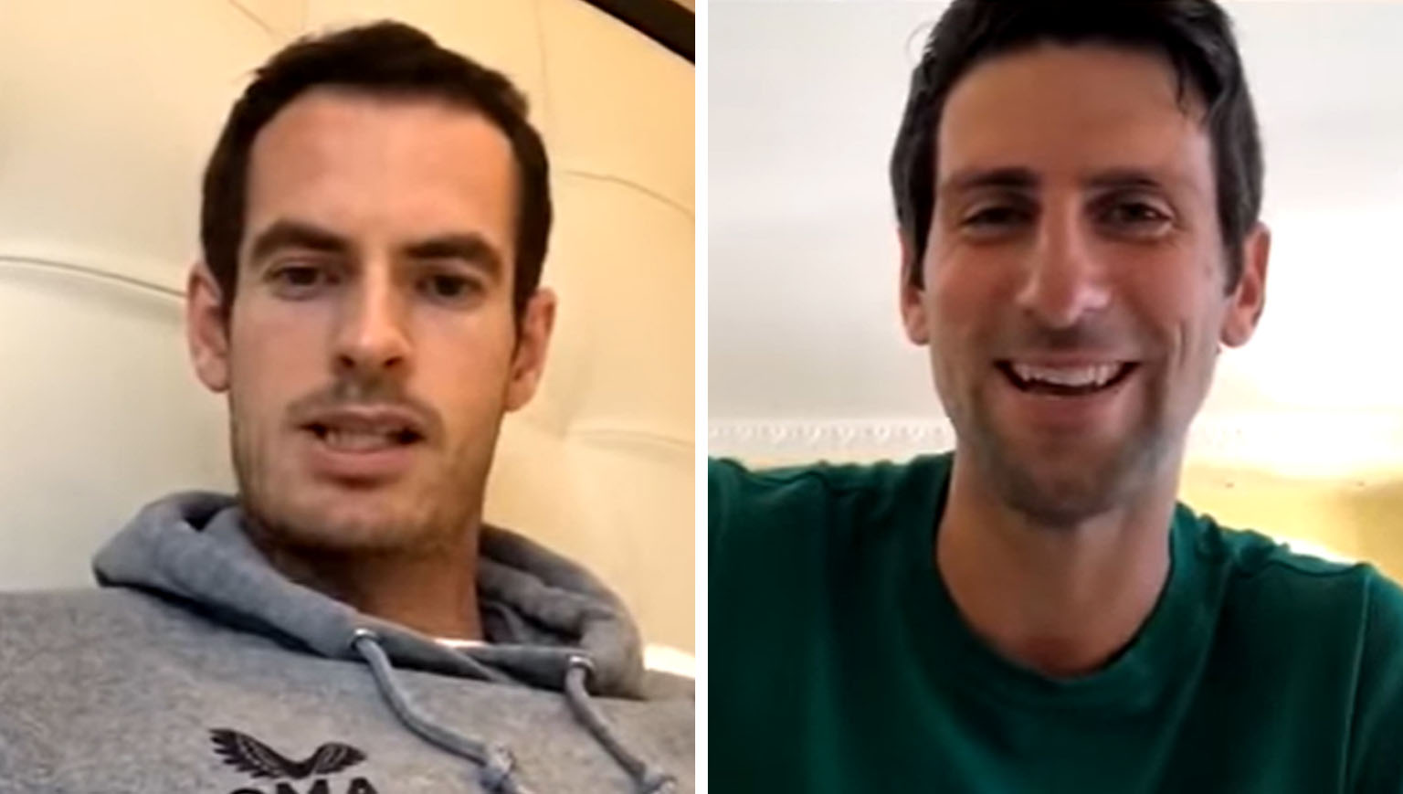 A screenshot of Andy Murray and Novak Djokovic having their online chat. Both tennis stars say they would give up their serves in exchange for those of John Isner or Nick Kyrgios.