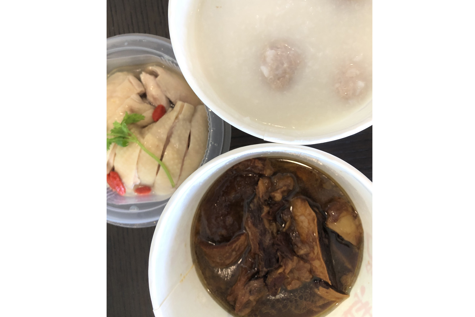 Drunken Chicken In Shaoxing Wine, Homemade Pork Meatballs Congee and Beef Brisket from Mui Kee.