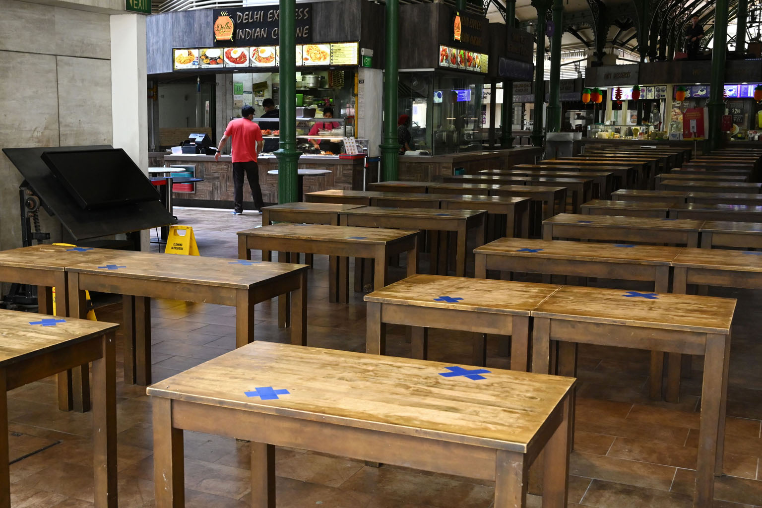 Lau Pa Sat food centre earlier this month. UOB economist Barnabas Gan said Singapore will likely see a period of deflation with domestic prices dragged down by cheaper oil and declining consumer demand, worsened by a weak labour market and Covid-19 m