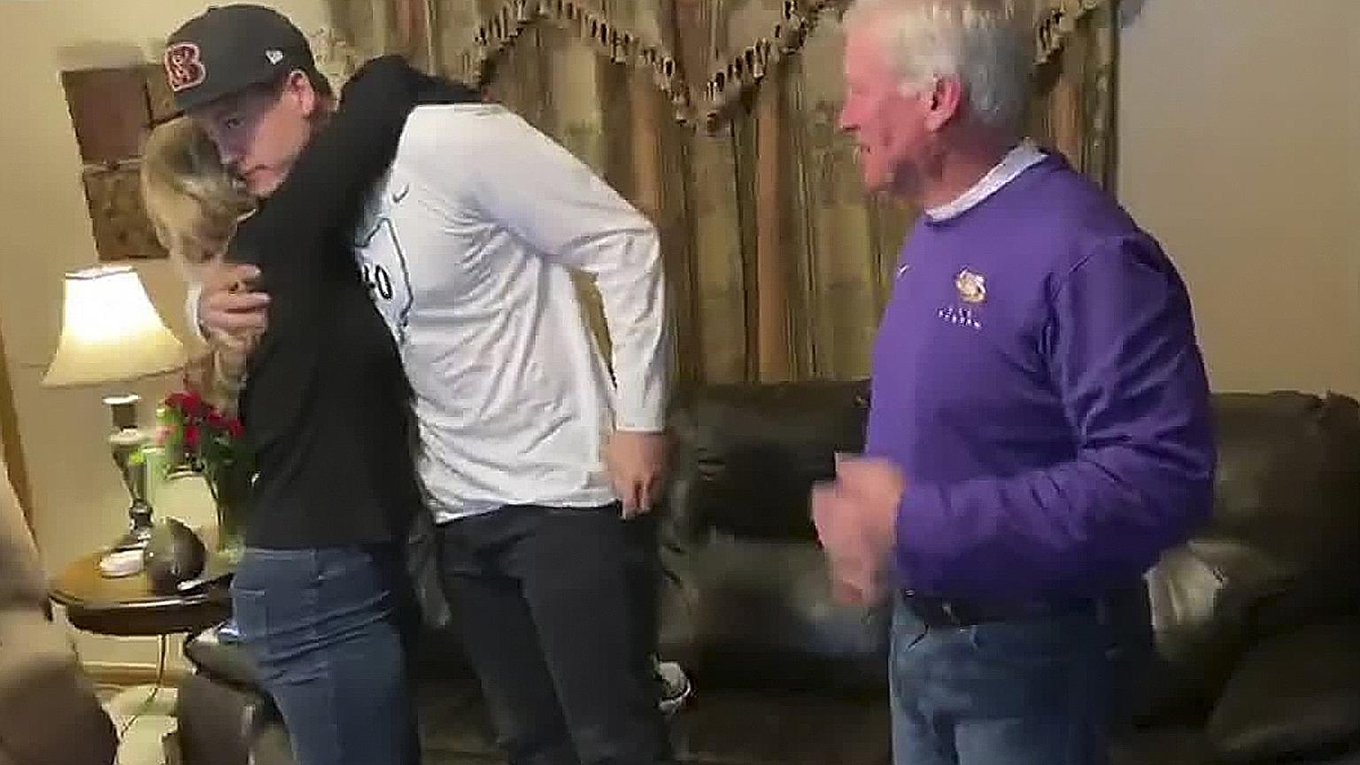 Quarterback Joe Burrow reacting after being selected as the No. 1 overall pick in the first round of the NFL Draft by the Cincinnati Bengals. 