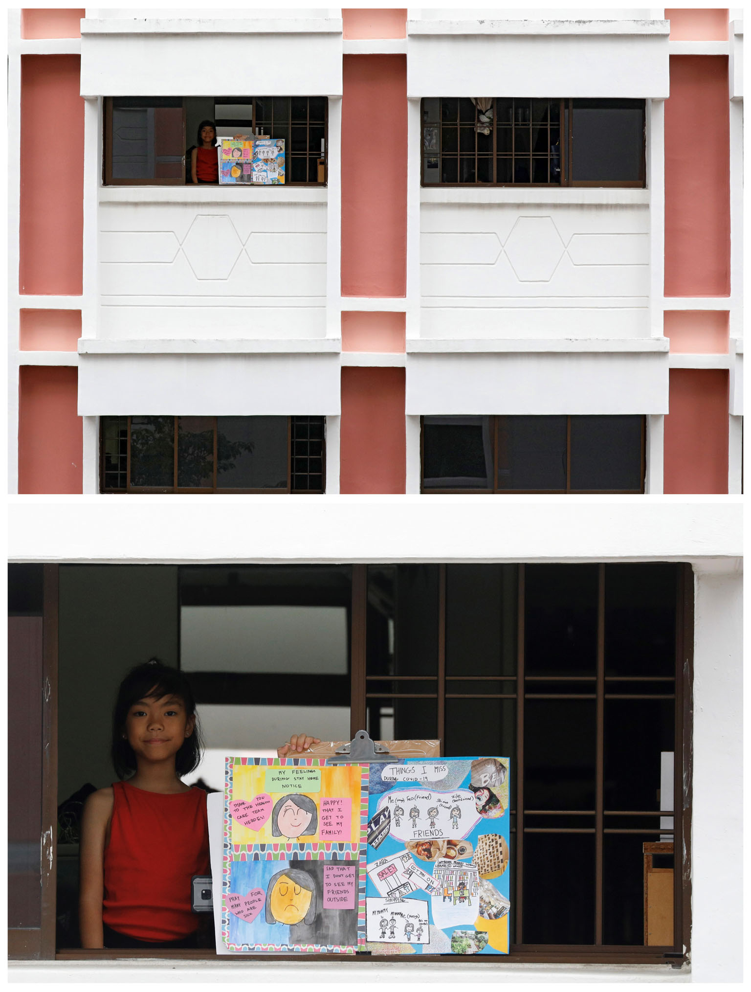 Sofiat Kolawole, eight, Olatunji Adebayo, 11, and Amira Akanbi, 11, in Lagos, Nigeria, last Saturday. Sofiat drew her school. She said: "What I drew... is different from what I normally draw... because I miss my school... The lockdown has made me ang