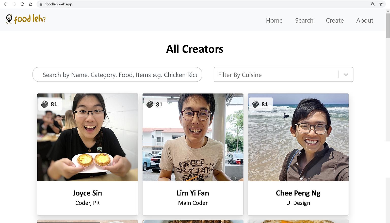 From left: FoodLeh? team member Joyce Sin helped co-creators Lim Yi Fan and Ng Chee Peng with the coding for the website, which allows people to search for food stalls near them by entering a postal code.
