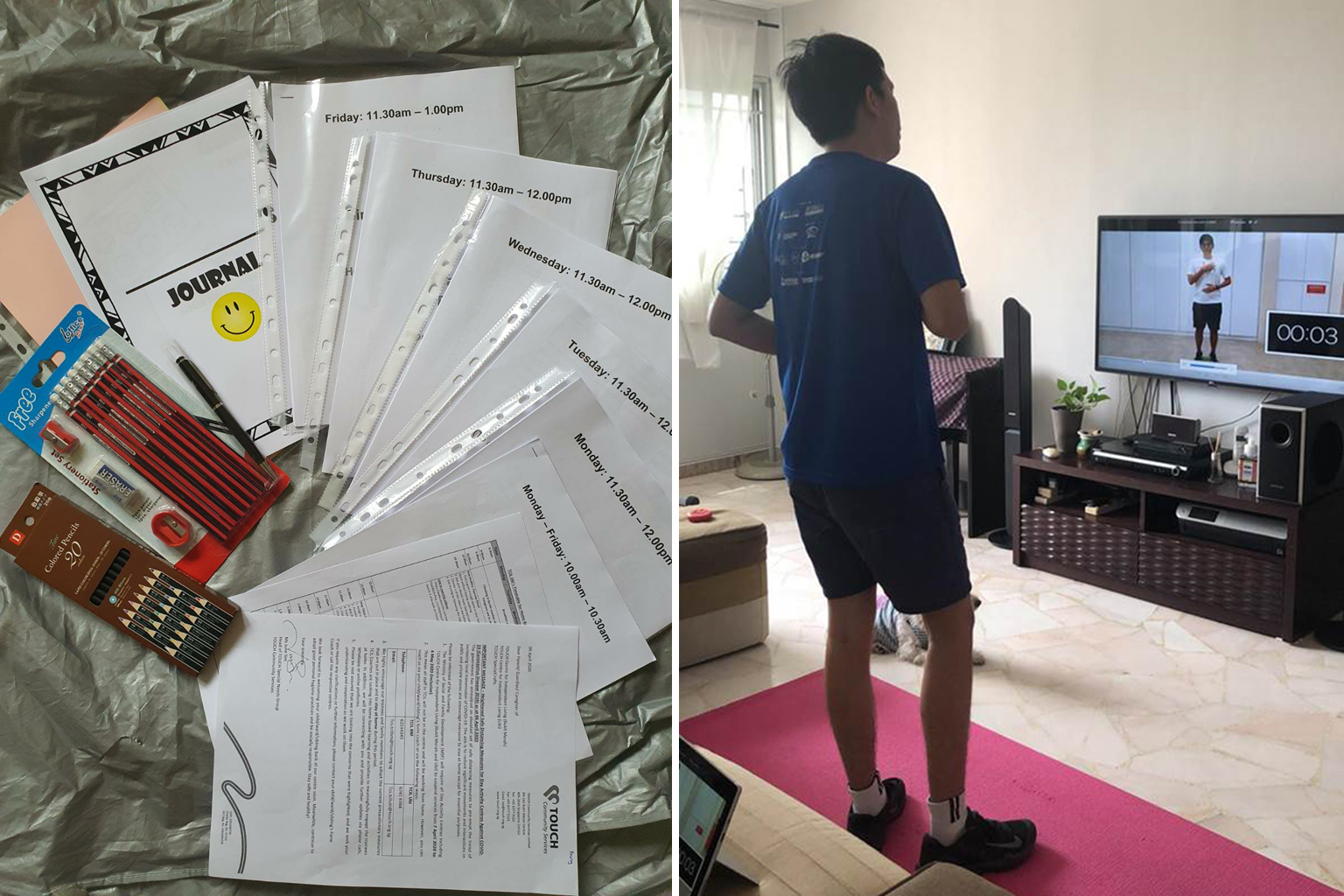 Touch Centre for Independent Living provides home-based training kits with worksheets for those who cannot attend the centre's online sessions. PHOTO: TOUCH COMMUNITY SERVICES Left: Caleb, a client at Eden Centre for Adults, exercising with the help
