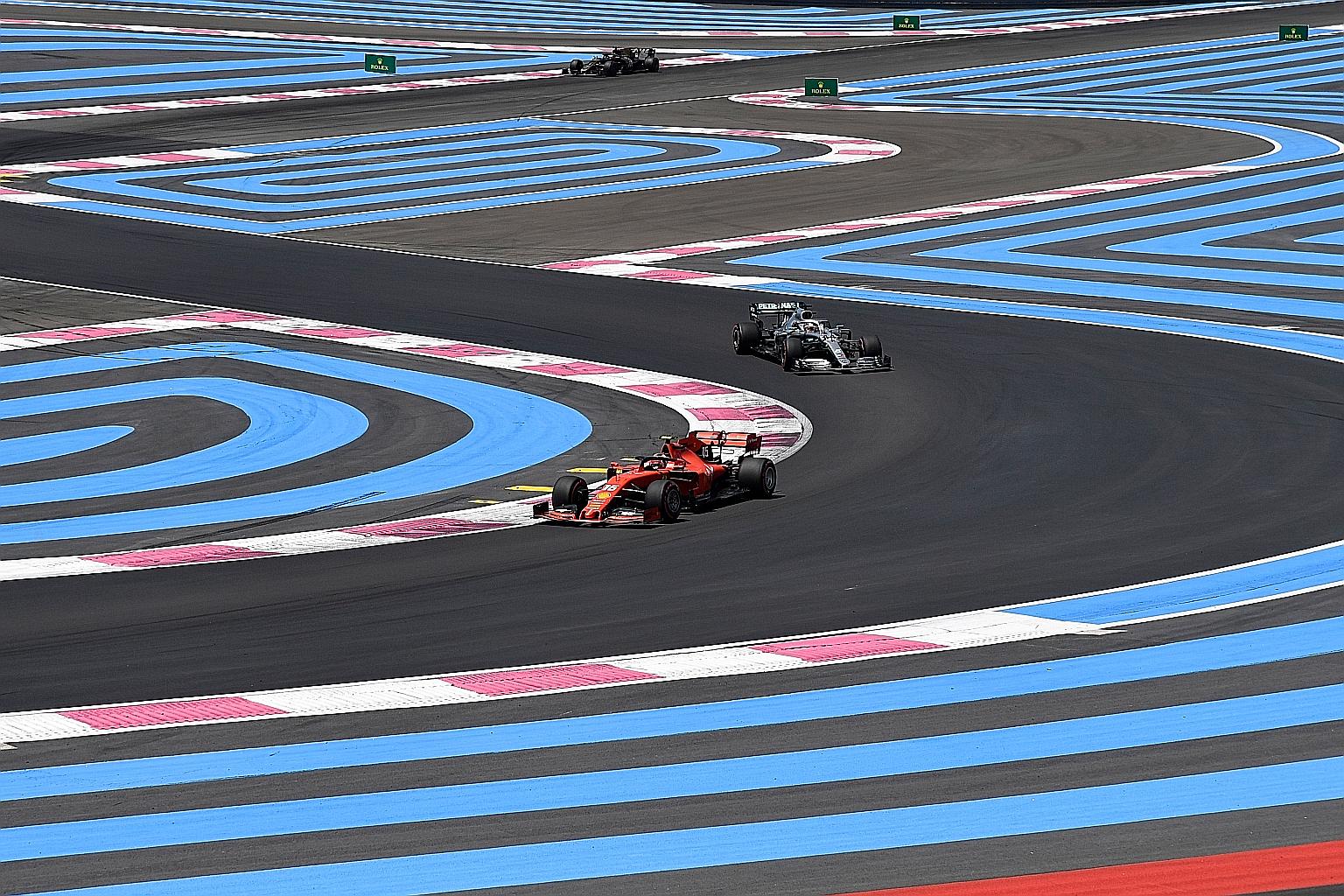 Ferrari driver Charles Leclerc driving ahead of Mercedes' Lewis Hamilton and Haas' Romain Grosjean during the third practice session at the Circuit Paul Ricard in Le Castellet, France last year. This season's French Grand Prix was supposed to be held