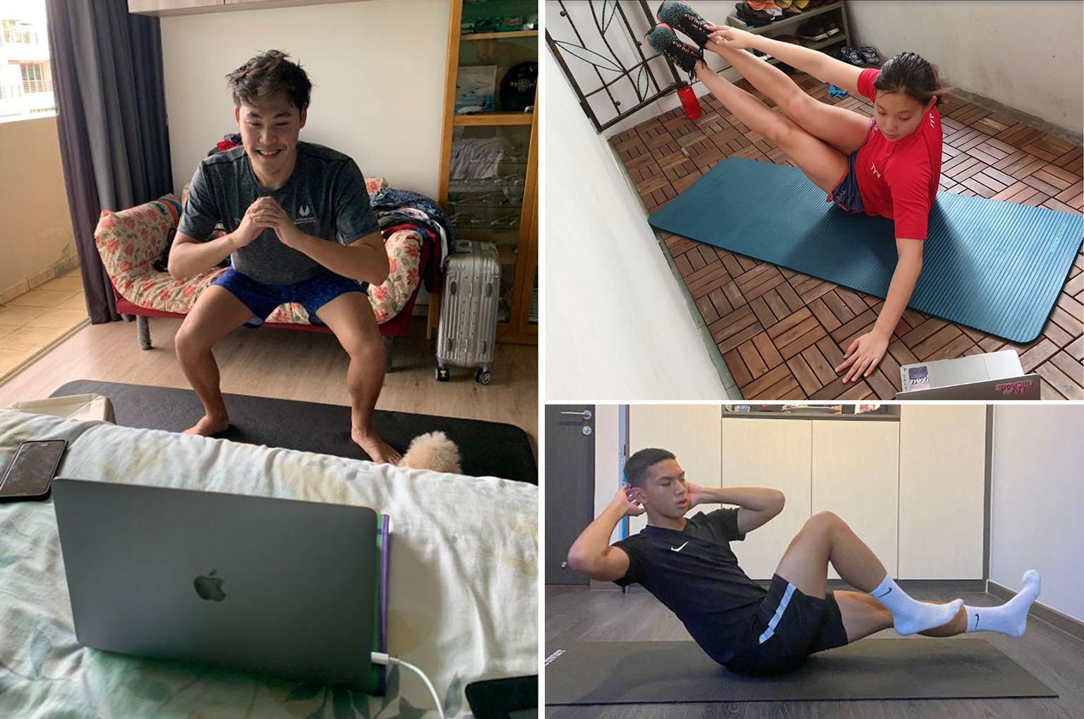 Clockwise from above left: Swimmers Maximillian Ang and Clydi Chan and footballer Irfan Iskandar Iskandar exercising at home, as the Singapore Sports School athletes adjust to a different routine for home-based learning. PHOTOS: SINGAPORE SPORTS SCHO