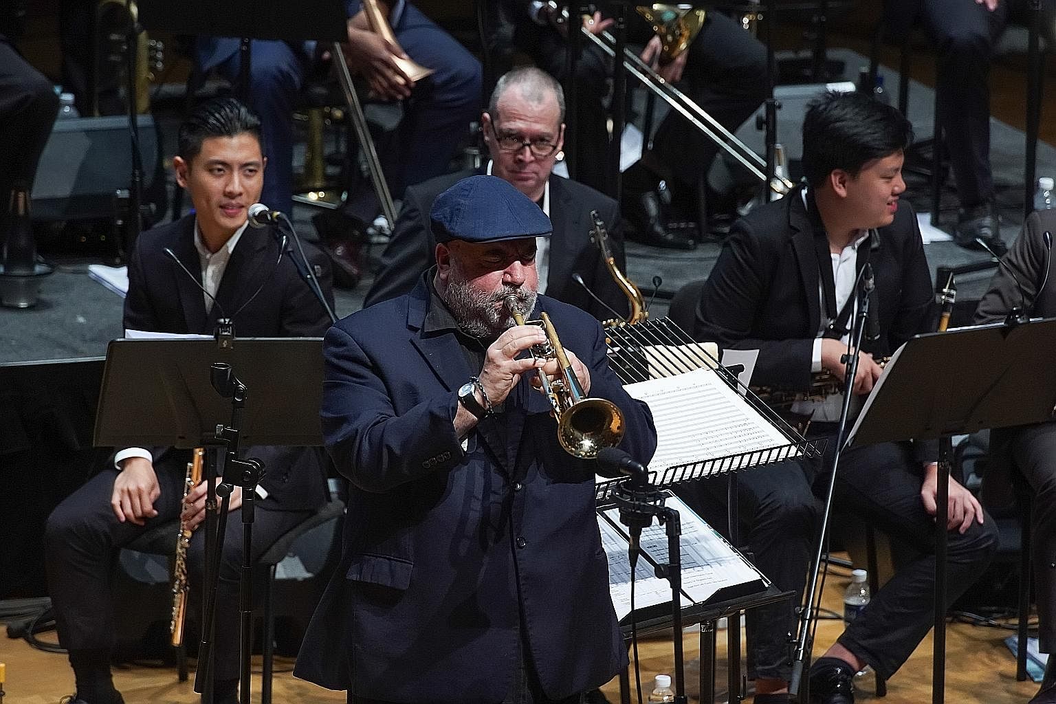 (From far left) Musicians Rit Xu, Randy Brecker (standing), Shawn Letts and CC Lee at the Lion City Youth Jazz Festival in May 2018, organised by the Jazz Association (Singapore).