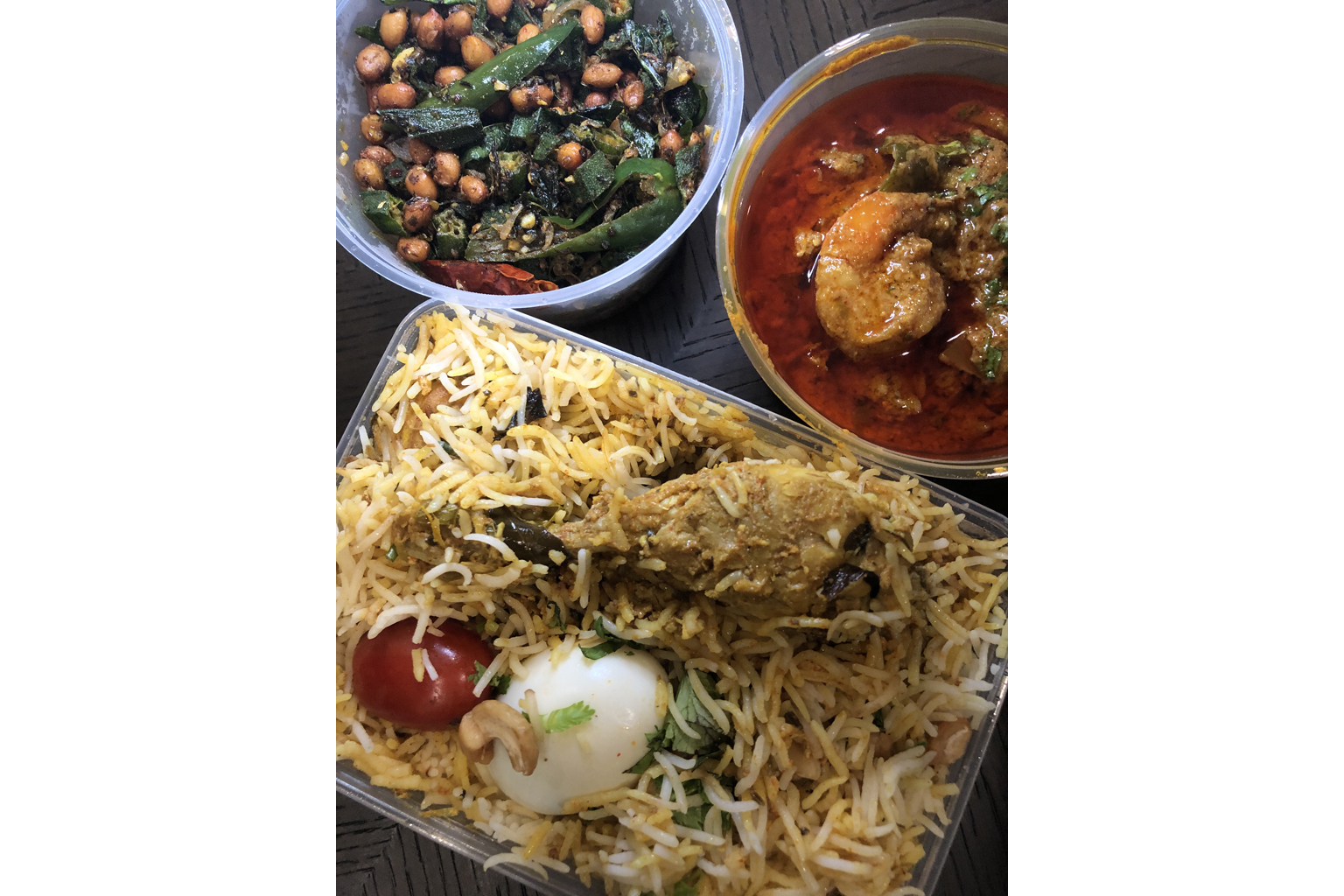 (From top) Bhindi Palli Fry, Prawn Masala and Kampong Chicken Biryani from Mr Biryani.