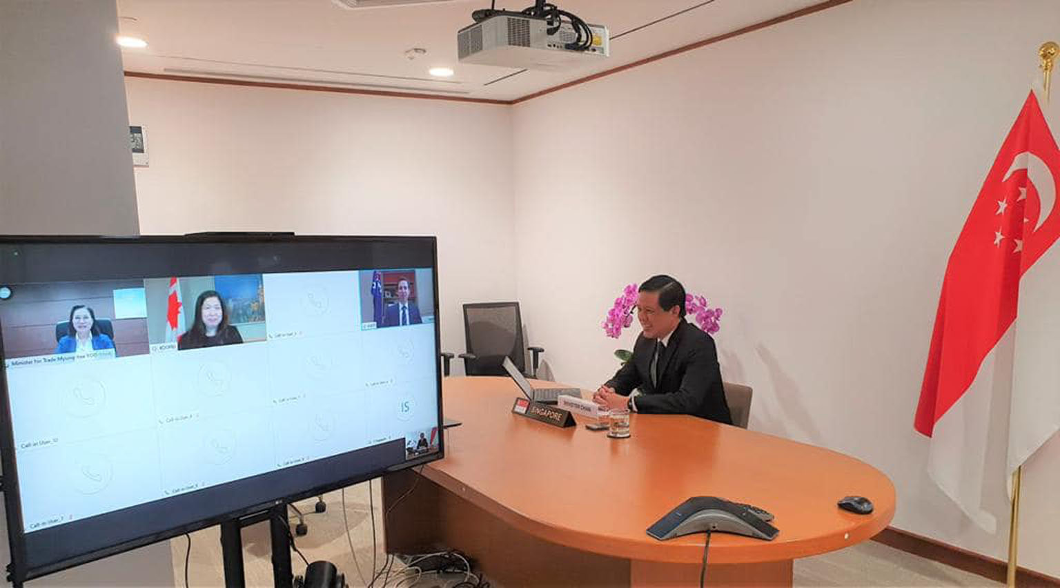 Trade and Industry Minister Chan Chun Sing at the video conference with his counterparts from Australia, Canada, South Korea and New Zealand yesterday. They later issued a joint statement.
