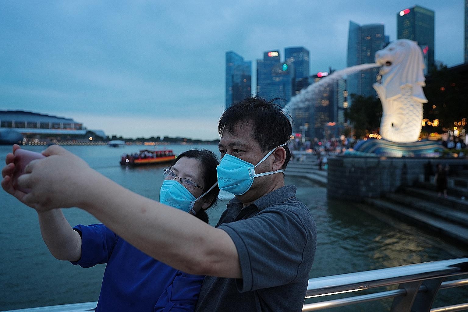 Tourists at Merlion Park in January. Travel curbs in various countries, including Singapore, have halted inbound and outbound travel, but Dynasty Travel believes the situation could improve as early as June.