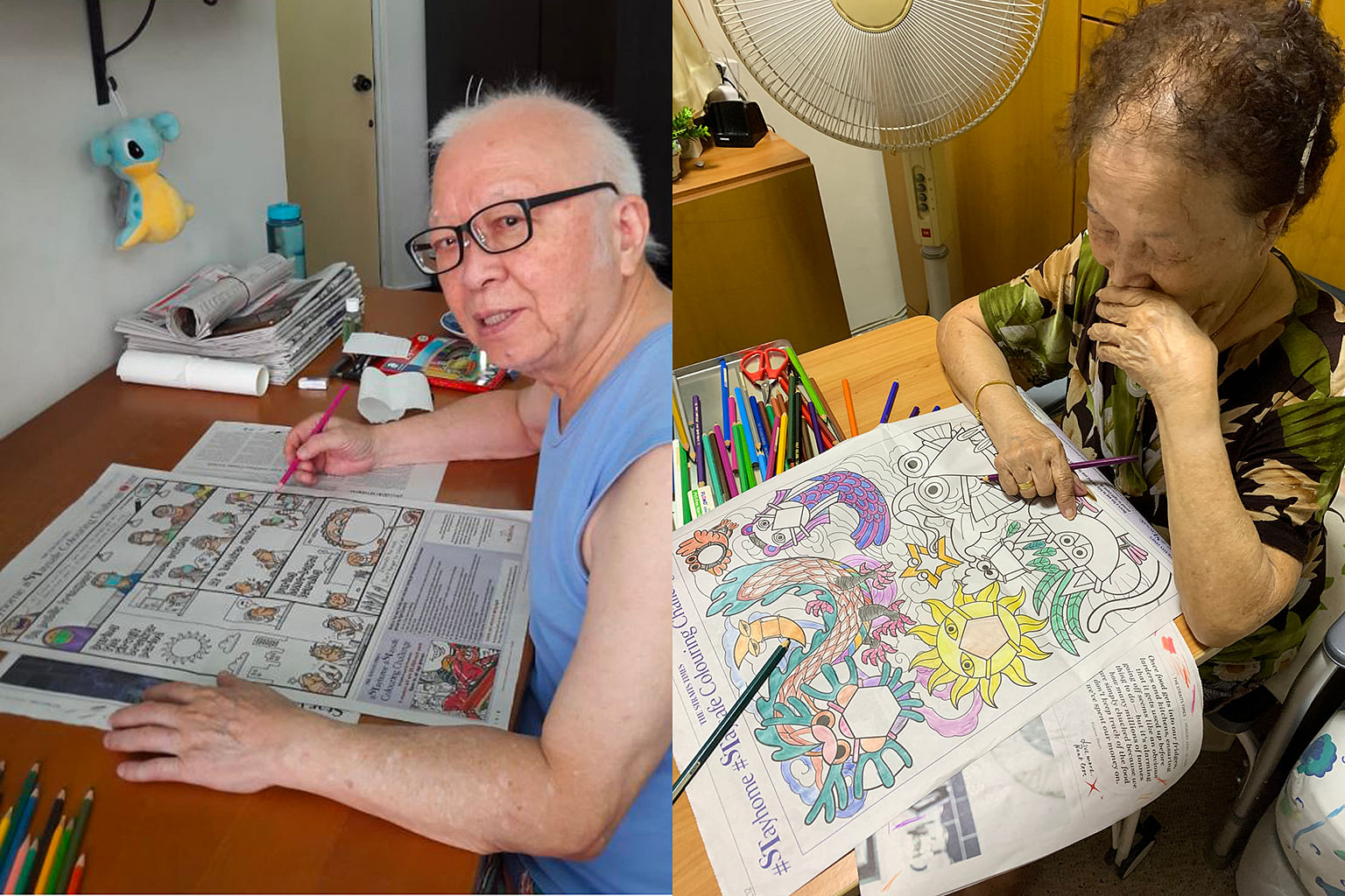 Left: Mr Chiang Yok Wah plans to use the prize money to pay the rent of his acupuncture clinic. Right: Madam Lim Siang Keng picked up the hobby of colouring through taking part in the contest. 