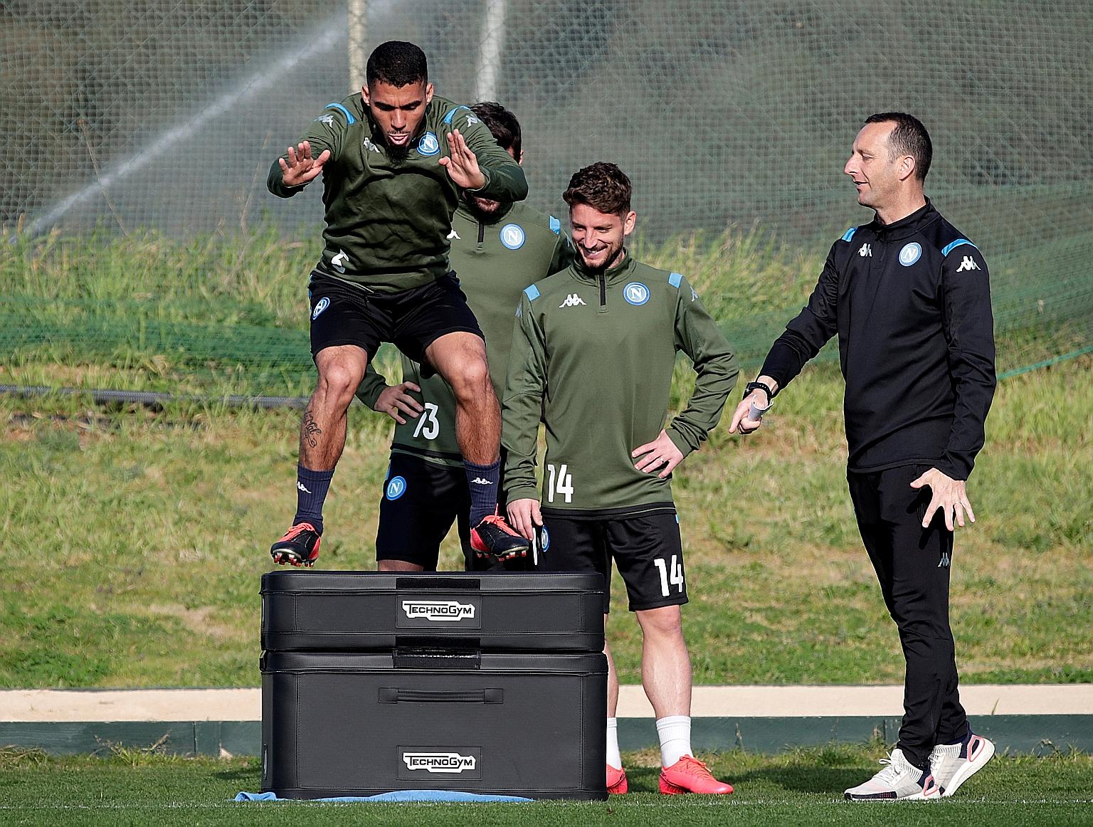 Napoli players, Brazilian Allan (left) and Belgian Dries Mertens, training in February. The Serie A side have been given the go-ahead by the Campania regional authorities to resume voluntary training.