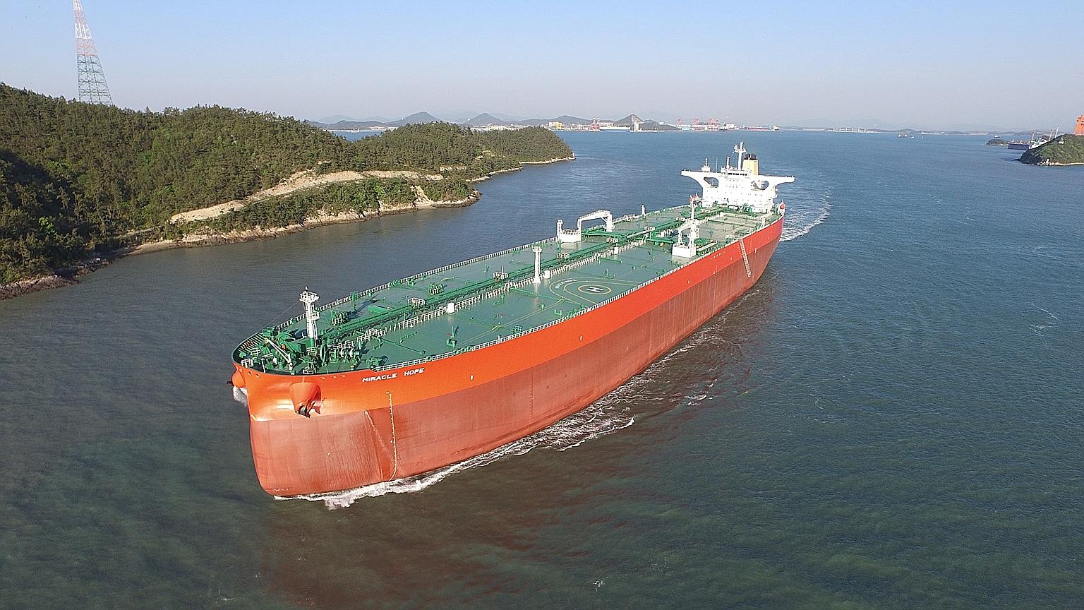 The 333m-long Marshall Islands-flagged oil tanker Miracle Hope, which was arrested in Singapore waters by the Supreme Court Sheriff, is anchored in the Eastern Bunkering Anchorage of the Singapore Strait.