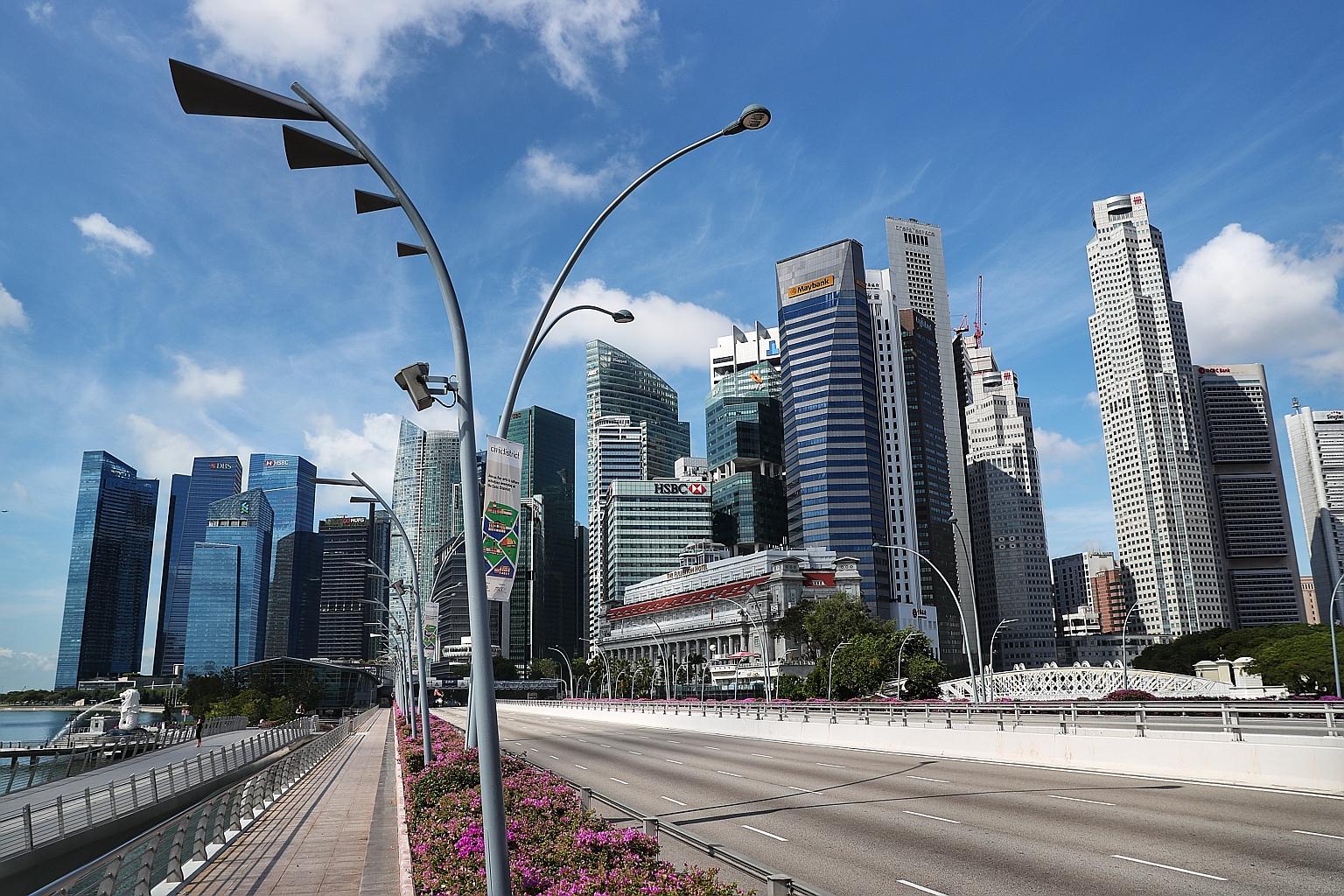 Empty roads leading to the Central Business District during the circuit breaker period. Education Minister Ong Ye Kung said more than 2,500 applications by SMEs to defer principal payments on secured loans have been processed as of April 30, with mos