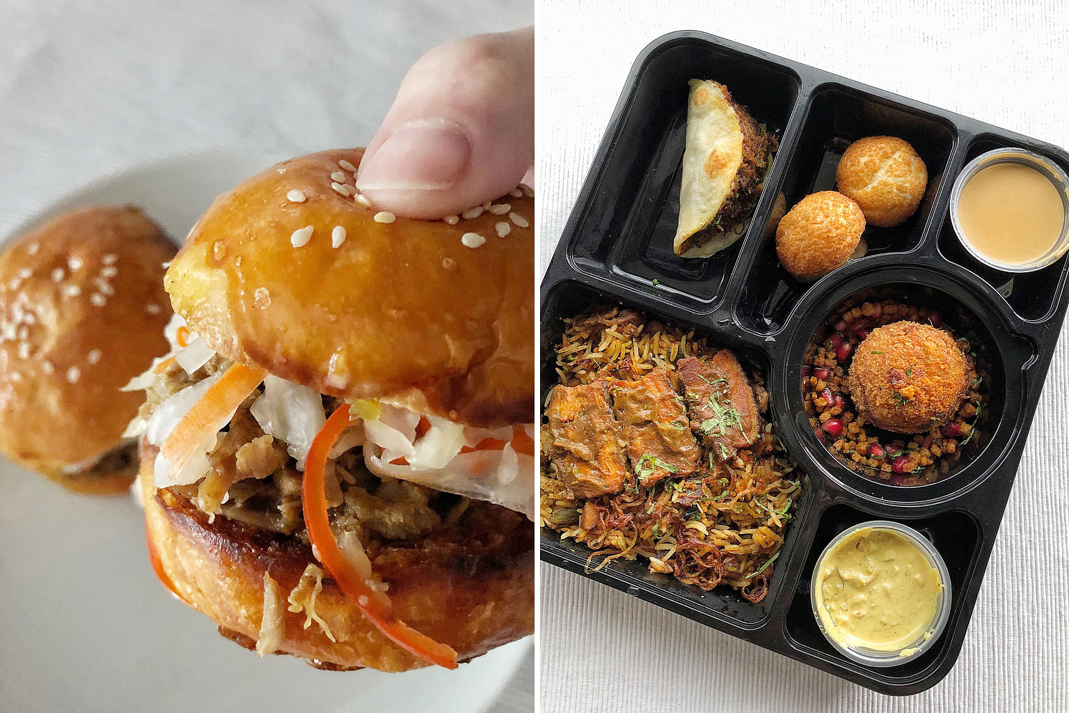 Cumin Spiced Pulled Lamb Sliders (above left) and Express Set Lunch for one (above) from Thevar in Keong Saik Road. The set lunch includes a Tapioca & Lentil Croquette, Chettinad Chicken Roti, Pork Briyani and two Spiced Rum & Banana Puffs.