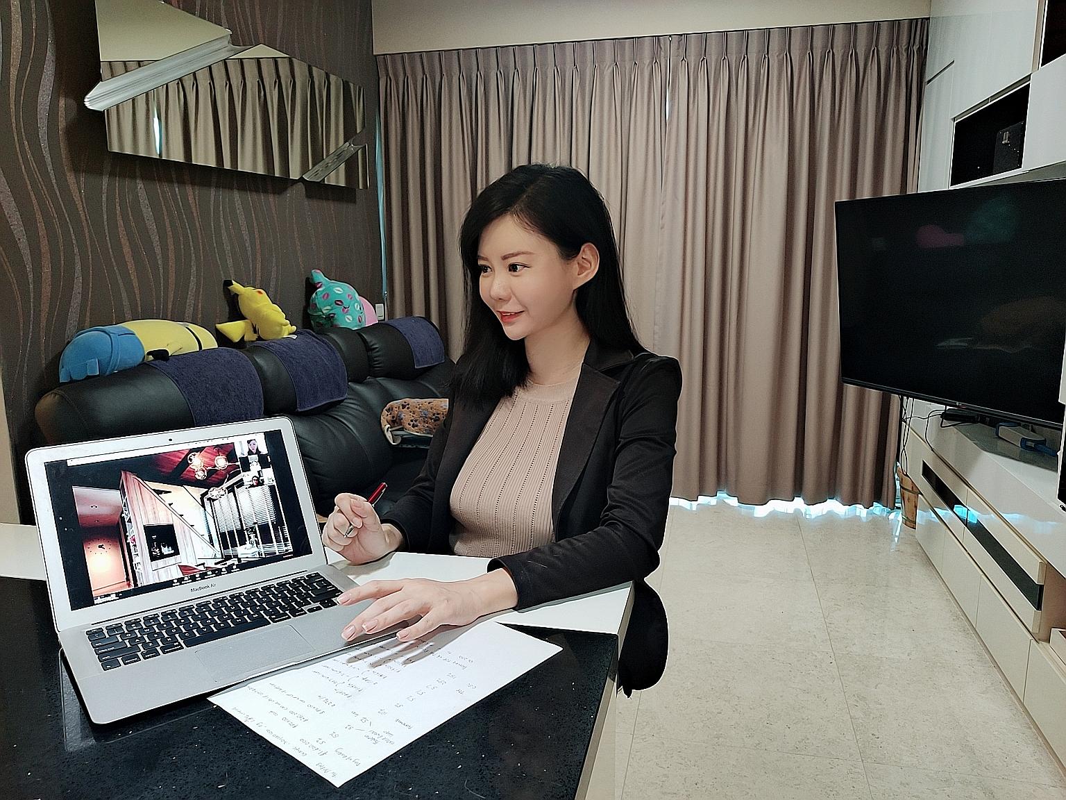 Huttons Asia property agent Charlyene Choo, 35, conducting a virtual viewing of a three-bedroom condo unit in Sengkang for a potential buyer. She has conducted at least five real-time viewings through Zoom during the circuit breaker period.