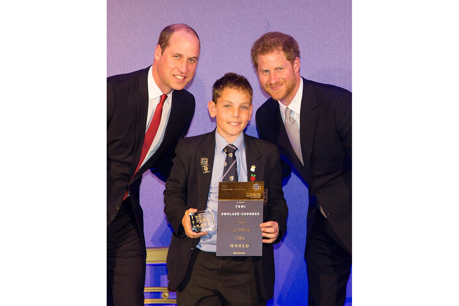 The Diana Award posted old photos of Prince William (left) and Prince Harry (seen here with award recipient Femi Owolade- Coombe) and thanked them for supporting the organisation.