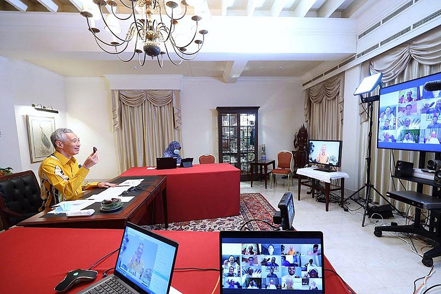 Prime Minister Lee Hsien Loong having a date in an "e-buka puasa", or a virtual breaking of fast, yesterday evening, as he took part in an online dialogue with Malay-Muslim and community leaders. Muslims in Singapore will celebrate Hari Raya Aidilfit