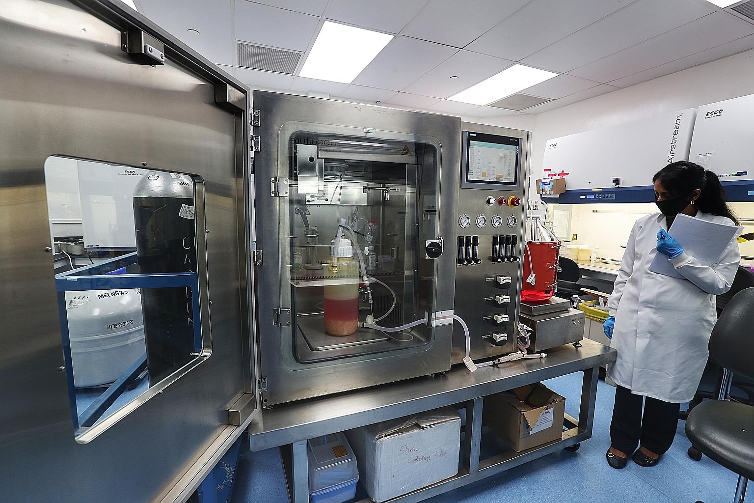 Left: Esco Aster's senior bioprocess scientist (vaccine development) Nandini Prabhakar beside the bioreactor that is used to culture the vaccine which the home-grown firm is working on with a US biotech company. ST PHOTO: KELVIN CHNG