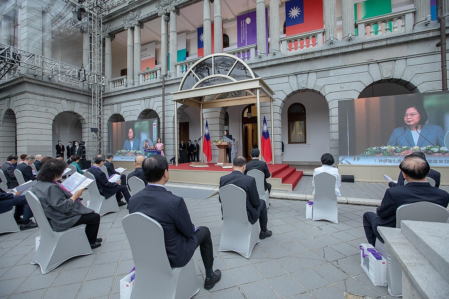 Taiwan President Tsai Ing-wen delivering her inaugural address at the Taipei Guest House in Taipei yesterday, after being sworn in for her second and final term. Ms Tsai said Taiwan's relationship with China has reached a historical turning point, ad