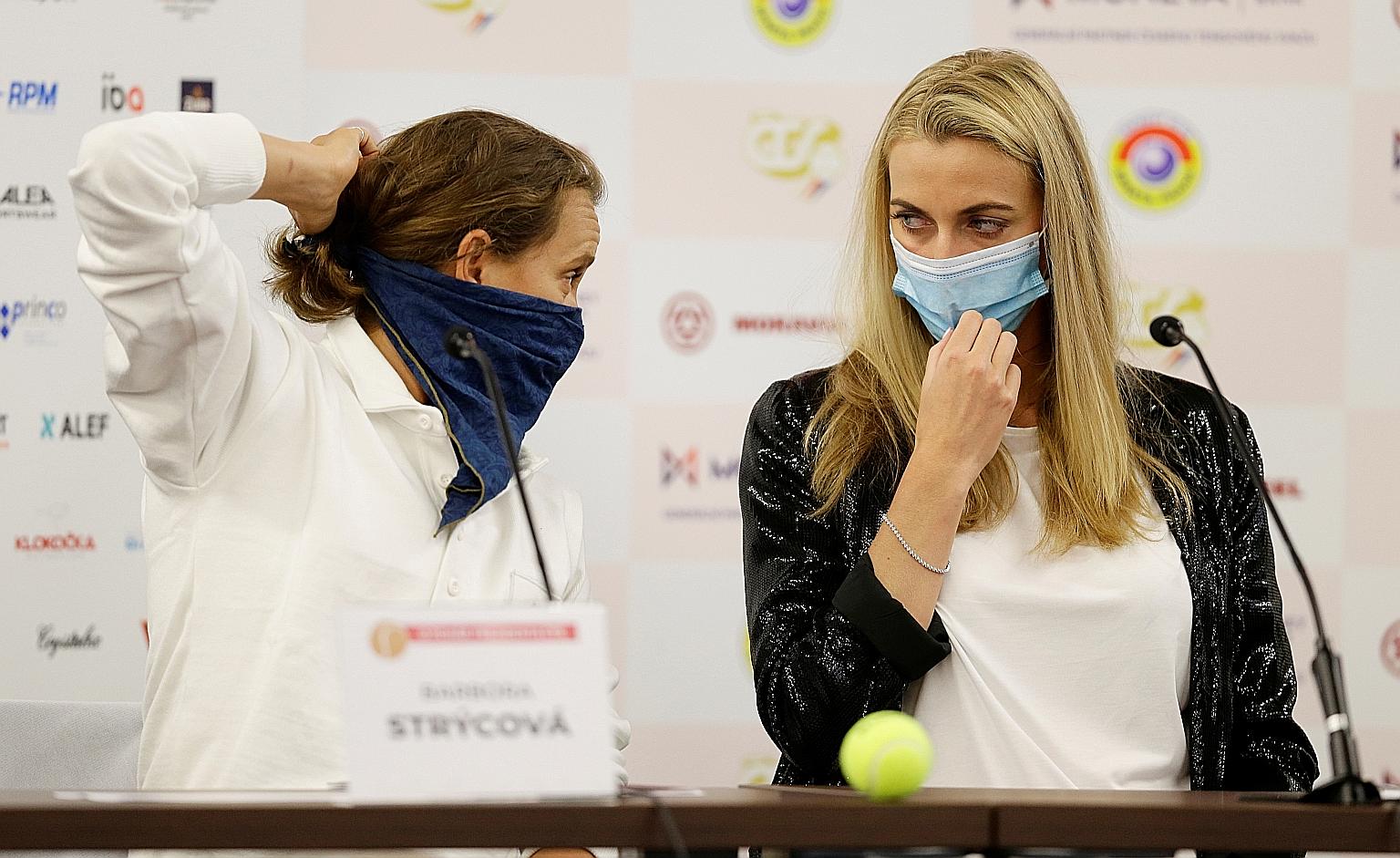 Barbora Strycova and Petra Kvitova at Monday's press conference for the all-Czech tennis tournament.