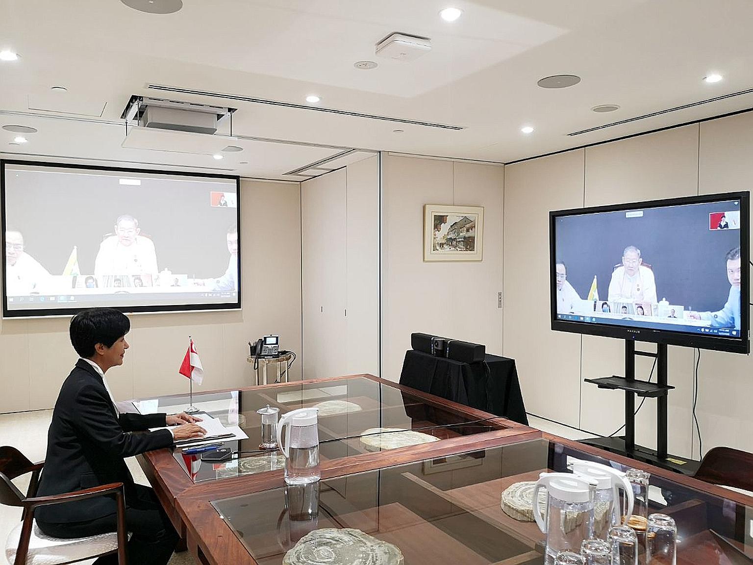 Ms Indranee Rajah, Minister in the Prime Minister's Office and Second Minister for Finance, at the virtual signing ceremony of the collaboration agreement between Singapore's Infrastructure Asia and Myanmar's Ministry of Planning, Finance and Industr