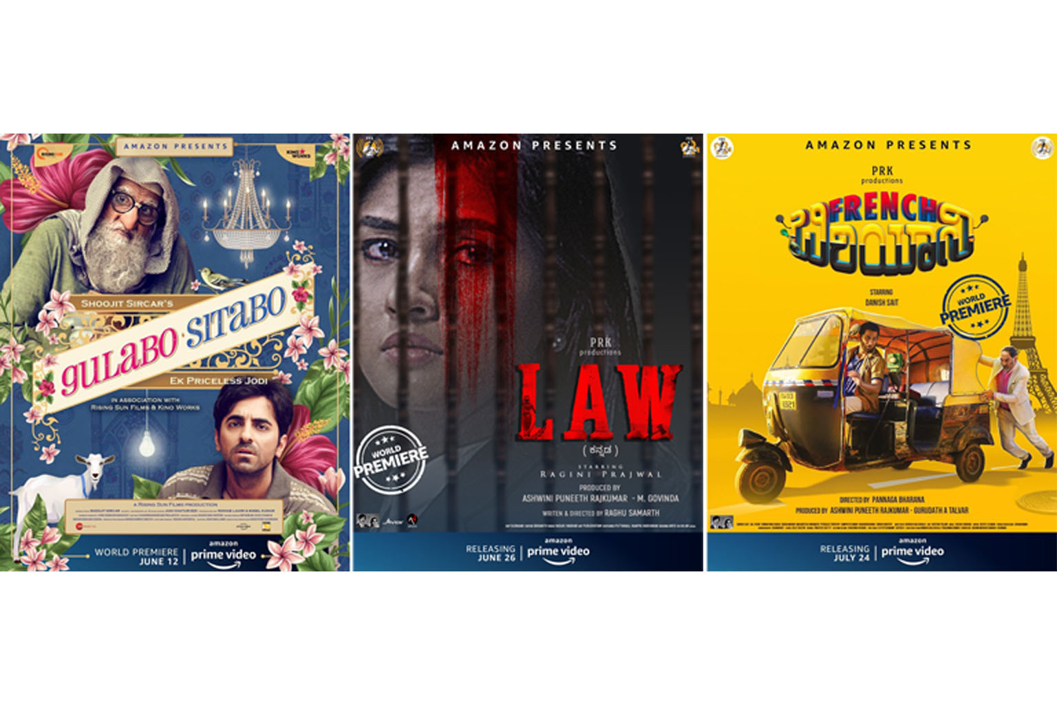 From left: Bollywood film Gulabo Sitabo, featuring actors Amitabh Bachchan and Ayushmann Khurrana; Law; and French Biryani are among the films slated to be released online.