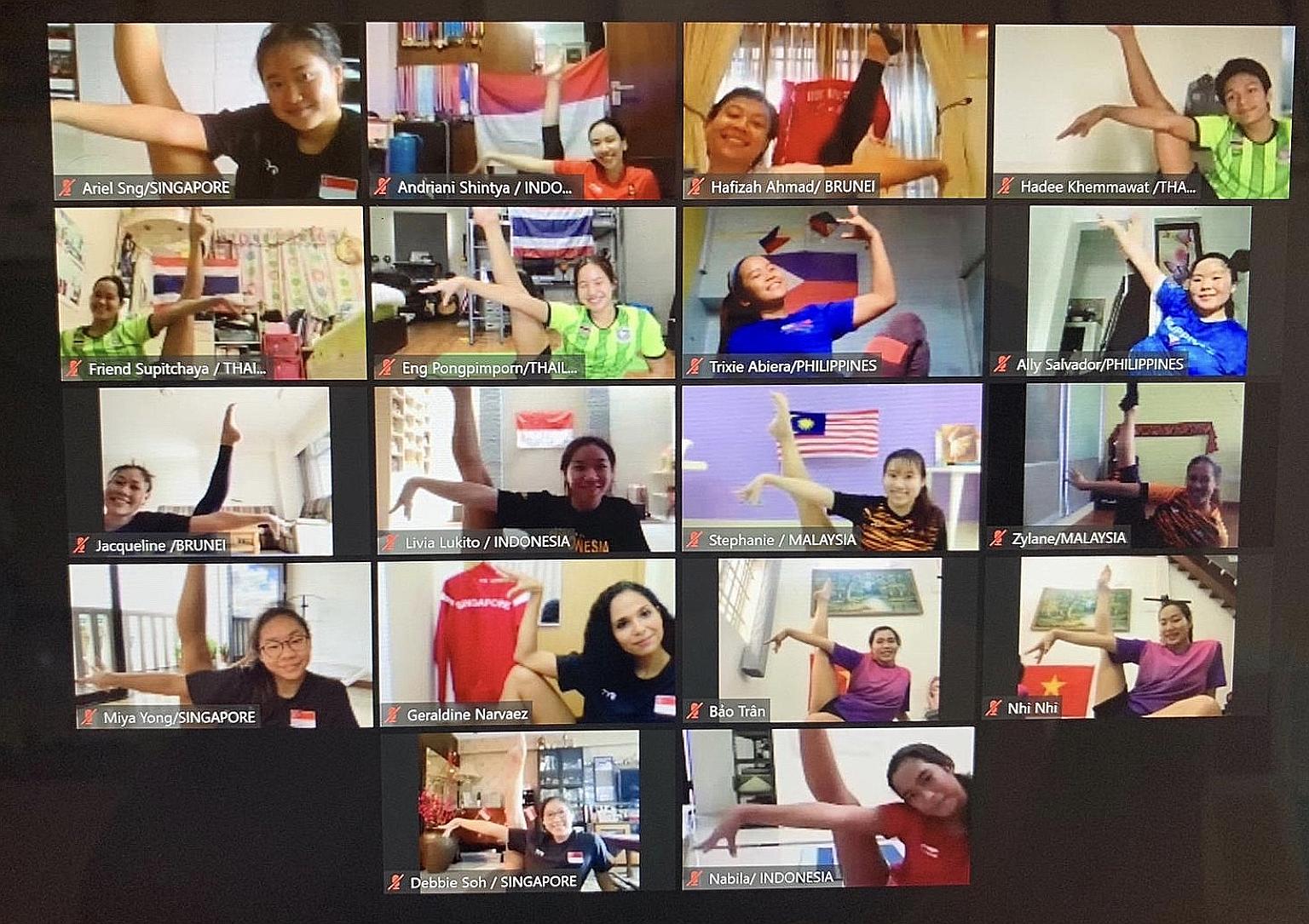 Eighteen Asean artistic swimmers, including three Singaporeans, displaying their exercises on land over Zoom.