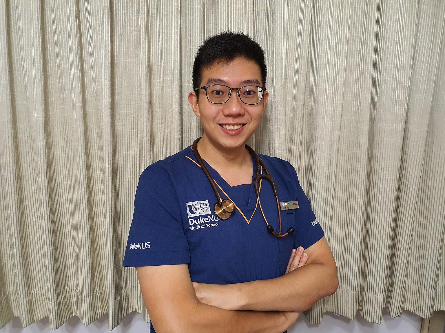 Dr Dave Ng was one of 62 graduates of Duke-NUS Medical School who marked their transition to becoming doctors by reciting the Hippocratic Oath in a virtual ceremony on Friday. PHOTO: COURTESY OF DAVE NG