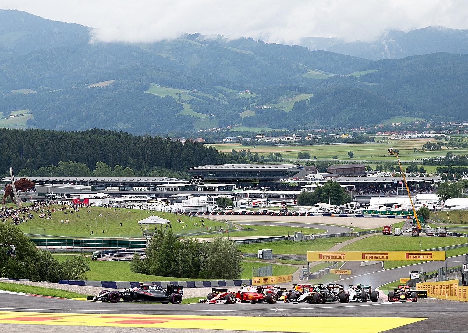 The pack going round Turn 2 after the start of last year's Austrian Grand Prix in Spielberg. Dutchman Max Verstappen has won for Red Bull at their home race in the past two years and will have the chance to make it a double next month. The circuit wi