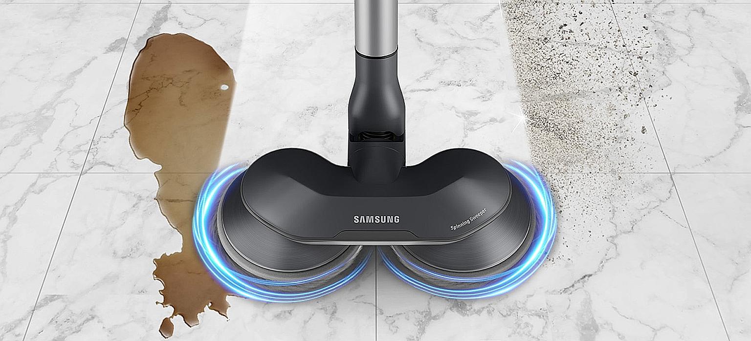 The Samsung Jet 75 Premium has a spinning sweeper attachment with two circular wet pad holders for mopping.