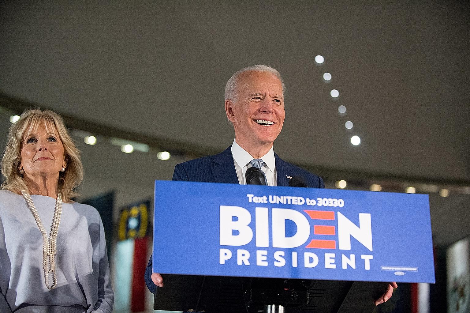 Former US vice-president Joe Biden, seen here with his wife Jill at a primary election event in March, will be formally named the Democratic Party's presidential nominee in August. PHOTO: EPA-EFE