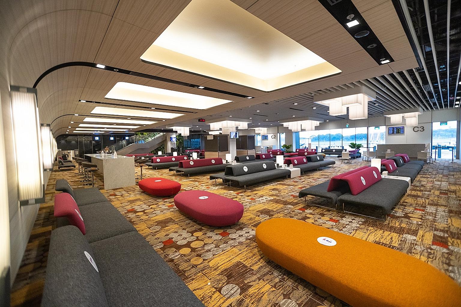 The new transit holding area in Terminal 1. Safety measures include regular deep cleaning and disinfection, said CAG. PHOTO: CHANGI AIRPORT GROUP