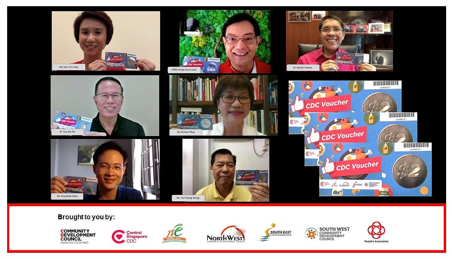 DPM Heng Swee Keat at the launch of the CDC Vouchers Scheme at a Zoom meeting with five mayors and the president of the Federation of Merchants' Associations. PHOTO: COMMUNITY DEVELOPMENT COUNCIL