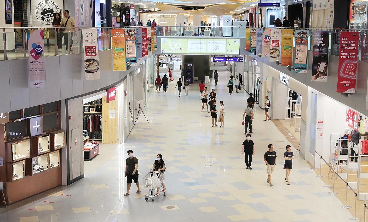 Shoppers at VivoCity a few days before the circuit breaker took effect in April. Singapore's first standard on e-commerce transactions will serve as a practical reference for e-retailers and e-marketplaces. It will also support Enterprise Singapore's