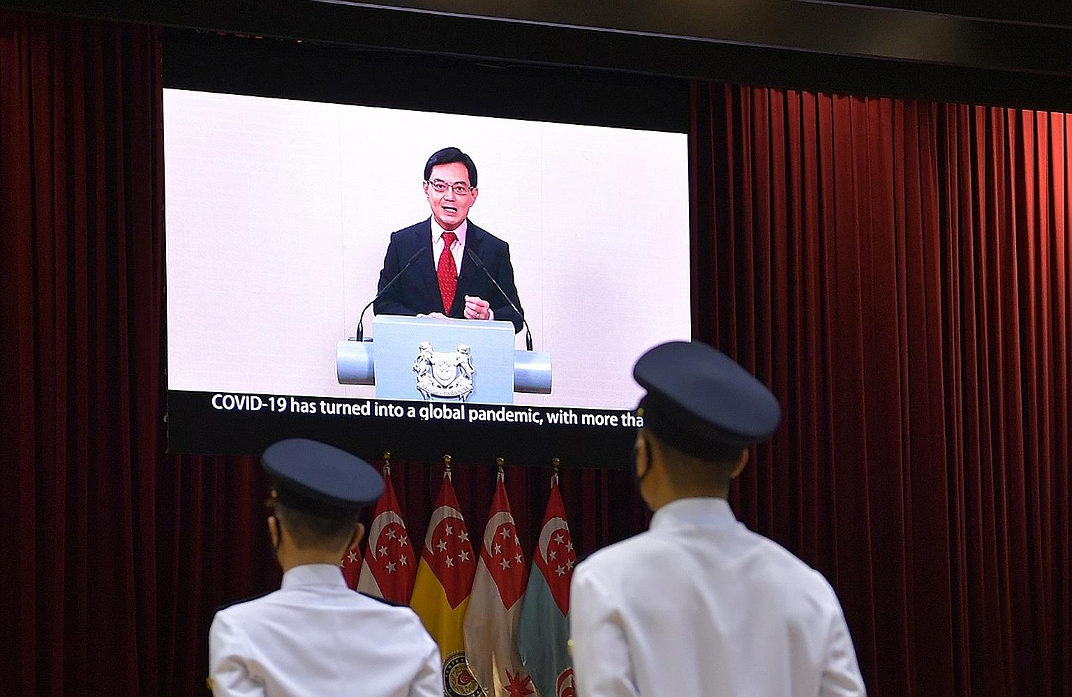 A recording of Deputy Prime Minister Heng Swee Keat delivering a speech to 374 cadets commissioned as officers of the SAF yesterday. Mr Heng also thanked the defence community for its role in the virus battle.