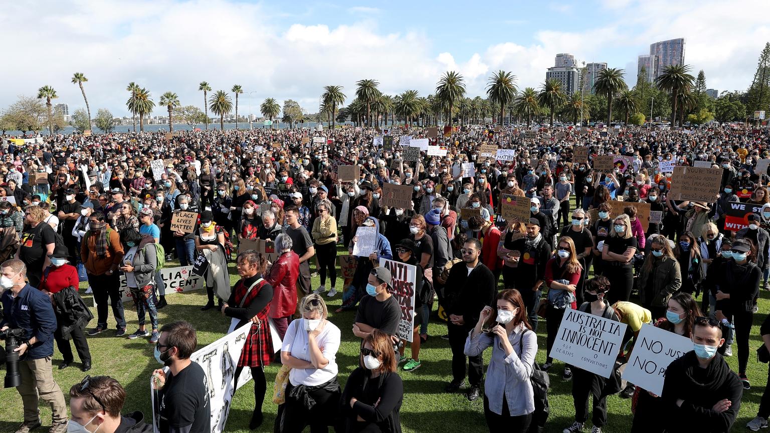 Protesters participating in a Black Lives Matter rally in Perth, Australia, yesterday to raise awareness of Aboriginal deaths in custody, in solidarity with those in the US protesting the death of Mr George Floyd in police custody. PHOTO: REUTERS