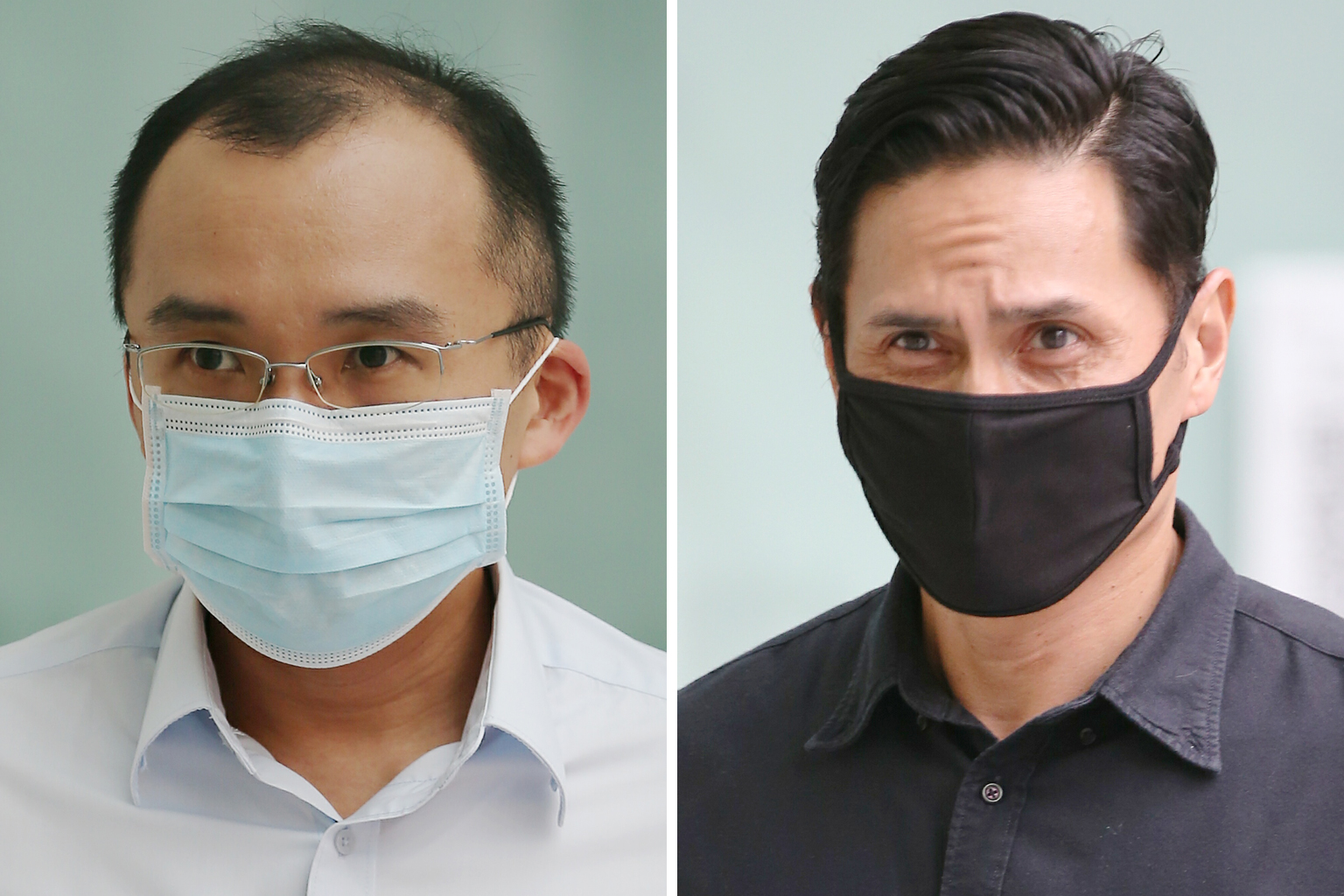 From top: Kenneth Chong Chee Boon and Nazhan Mohamed Nazi are each contesting one charge of intentionally aiding a group of SCDF servicemen to cause grievous hurt to full-time national serviceman Kok Yuen Chin in May 2018. The NSF drowned after he wa