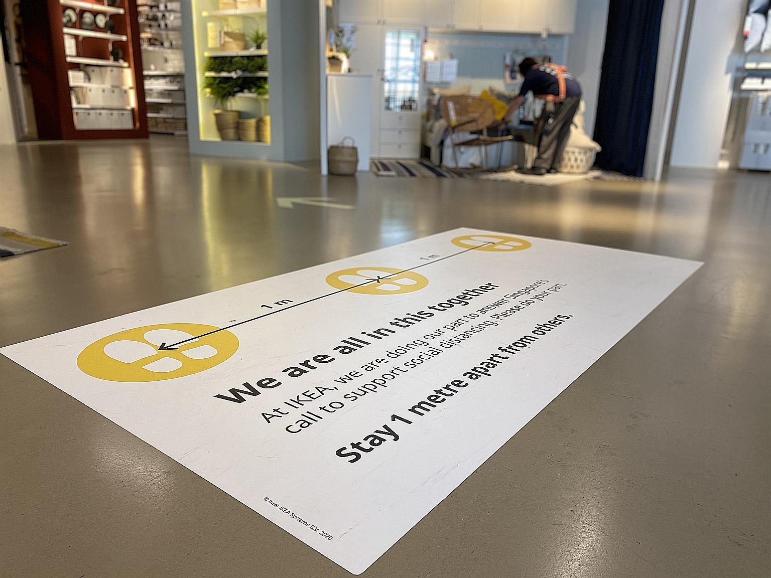 A sign at Ikea Tampines on maintaining safe distancing. Apart from safety precautions, Ikea stores will have shorter opening hours.