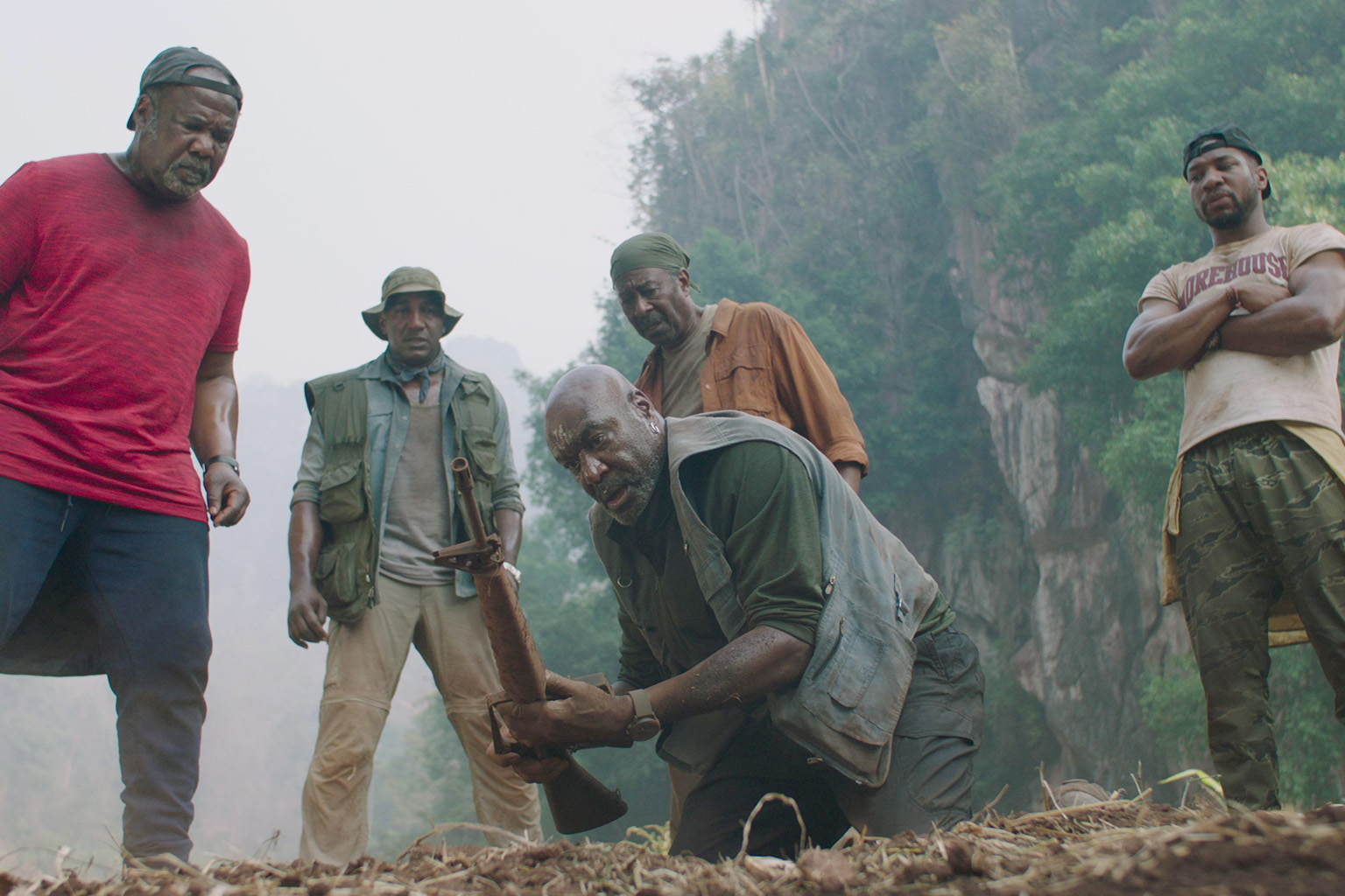 Michael Gambon (centre, seated) in HBO's White House biopic Path To War. Da 5 Bloods stars (from far left) Isiah Whitlock Jr, Norm Lewis, Delroy Lindo (kneeling), Clarke Peters and Jonathan Majors.