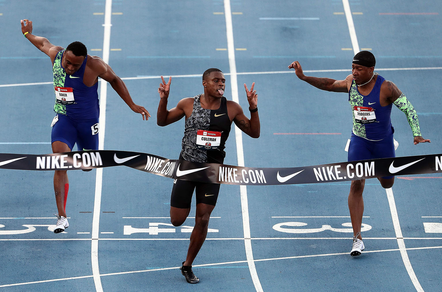 American sprinter Christian Coleman crosses the finish line to win the men's 100m final during the 2019 USA Track and Field Outdoor Championships in Iowa. He has been provisionally suspended for missing a drugs test and could be banned for two years.