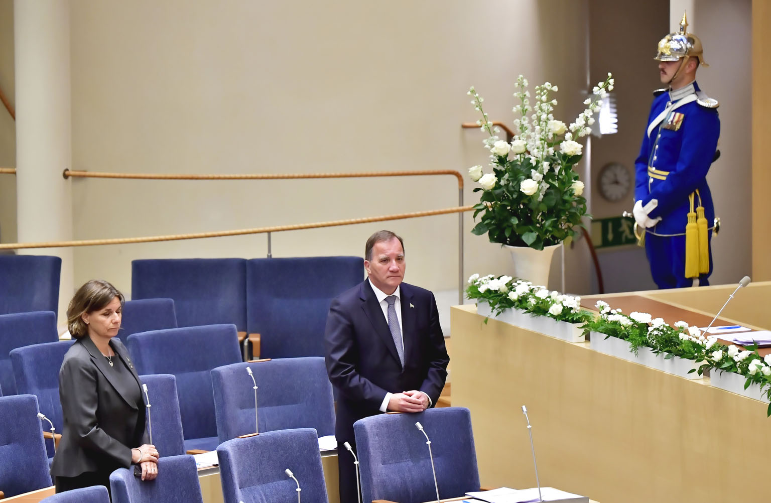 Swedish Prime Minister Stefan Lofven and Vice-Prime Minister Isabella Loevin at a memorial ceremony for coronavirus victims in Stockholm on Wednesday. There has been growing criticism over the Swedish government's struggles to get mass virus testing 
